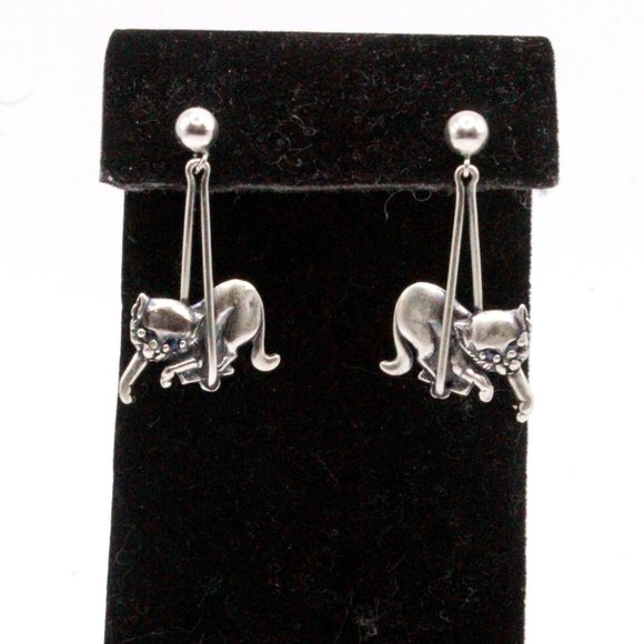 Sterling Silver Contemporary Cat Long Dangle Post Back Earrings - Picture 6 of 7